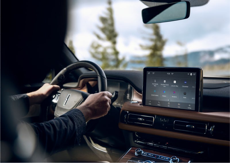 The center touch screen in a 2023 Lincoln Aviator® SUV is shown | Spitzer Lincoln DuBois in Du Bois PA