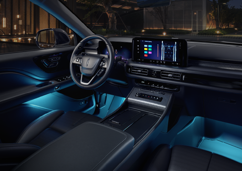 Deep blue ambient lighting glows from various places within a 2025 Lincoln Aviator® SUV. | Spitzer Lincoln DuBois in Du Bois PA