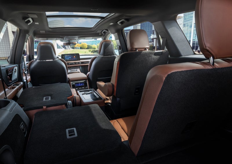 The interior of the 2025 Lincoln Aviator® SUV is shown with two seats folded down for added space. | Spitzer Lincoln DuBois in Du Bois PA