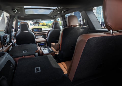 The interior of the 2025 Lincoln Aviator® SUV is shown with two seats folded down for added space. | Spitzer Lincoln DuBois in Du Bois PA